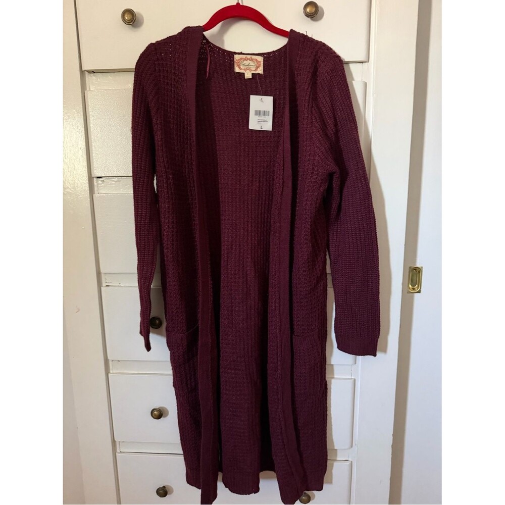 Ambiance Long Open-Front Waffle Knit Cardigan - Burgundy size L